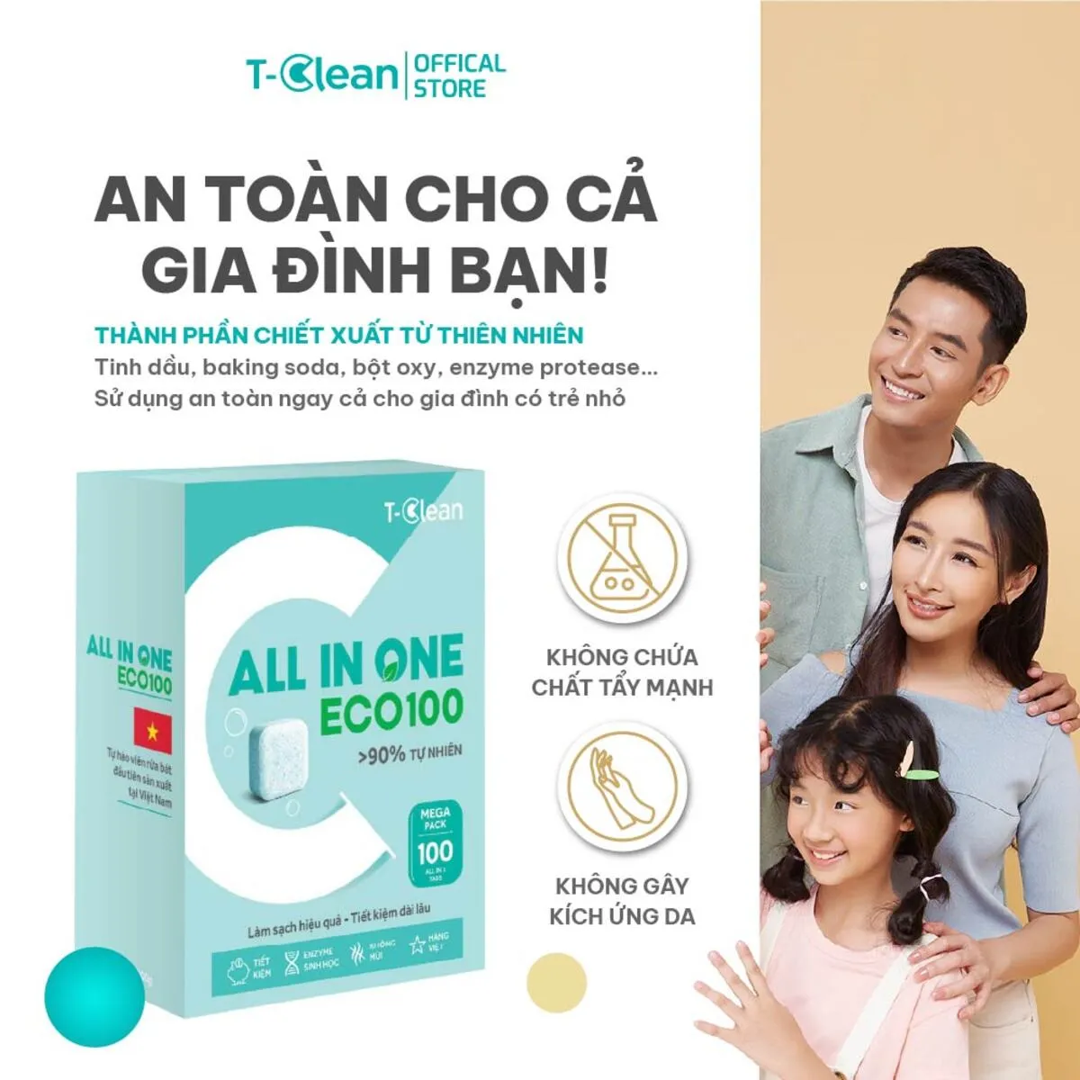 Hộp 100 viên All in One-03_11 Viên rửa bát T-Clean Eco100 100 viên 12g cho máy rửa bát