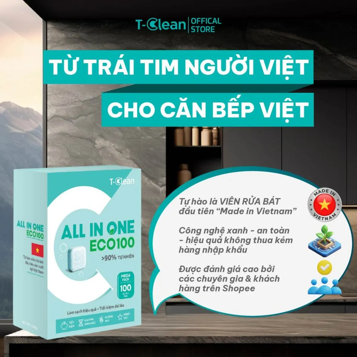 Hộp 100 viên All in One-06_14 Viên rửa bát T-Clean Eco100 100 viên 12g cho máy rửa bát