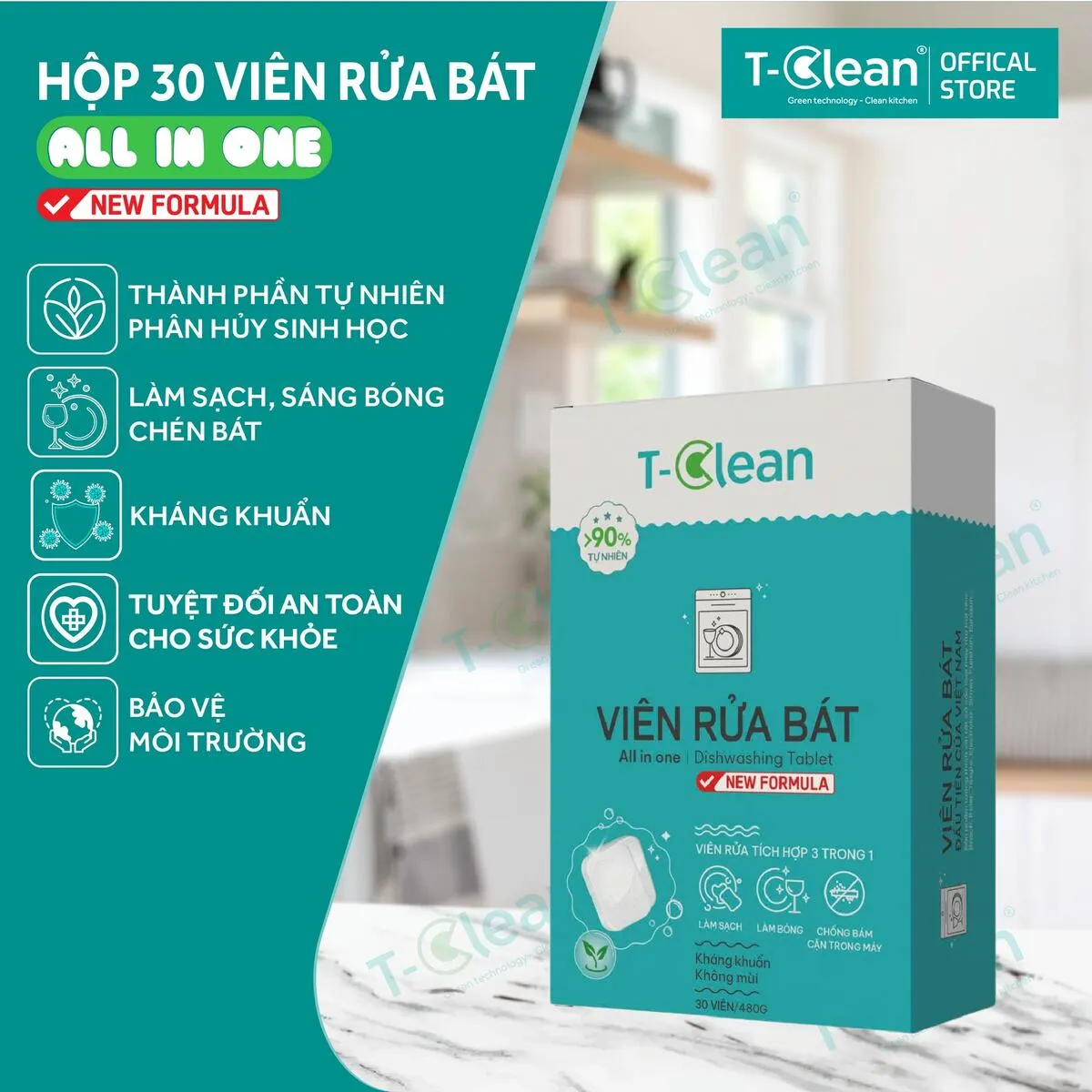 Hộp 30 viên rửa bát T-Clean All in One_7 Viên rửa bát T-Clean All in One 30 viên 16g cho máy rửa bát