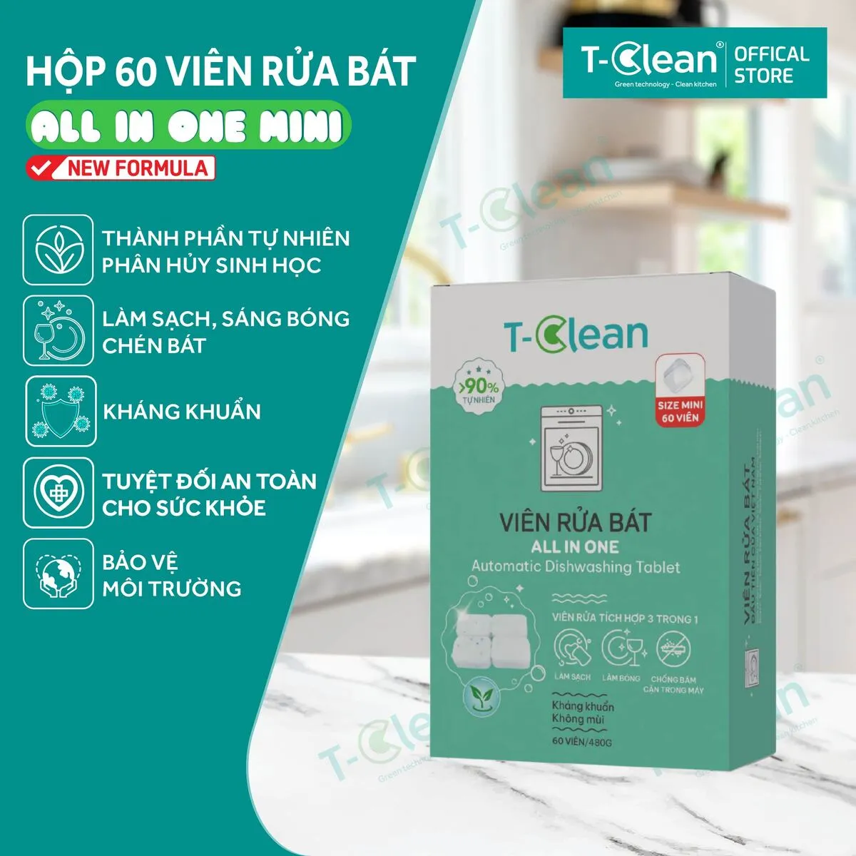 Hộp 60 viên rửa bát mini T-Clean Eco All in One_10 Viên rửa bát T-Clean Mini 60 viên cho máy rửa bát