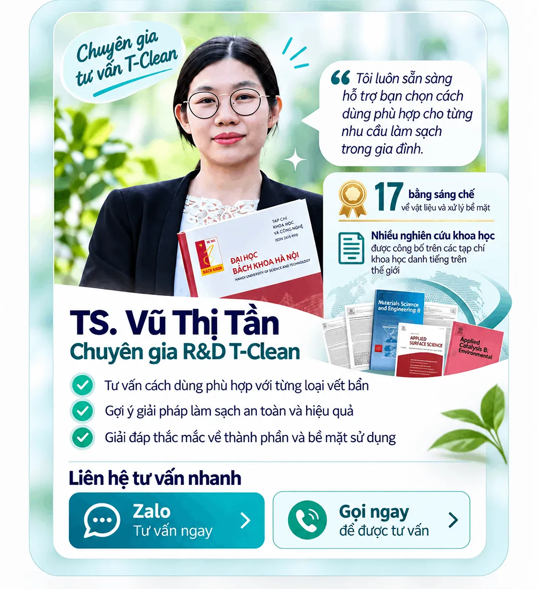 TS. Vũ Thị Tần - chuyên gia R&D T-Clean, 17 bằng sáng chế và nhiều nghiên cứu khoa học về vật liệu và xử lý bề mặt