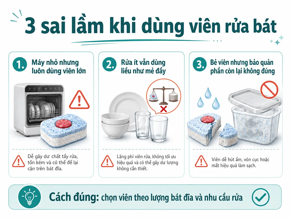 Sai lầm khi dùng viên rửa bát cho máy rửa bát gia đình