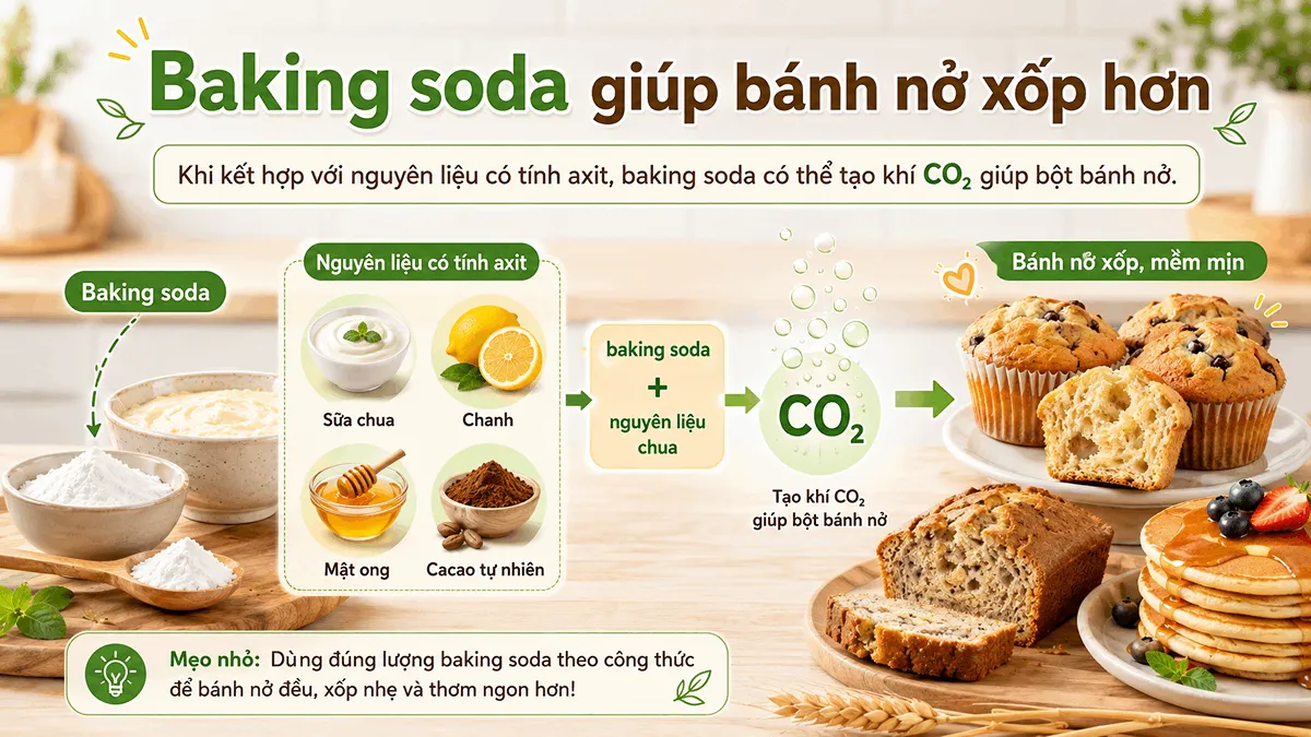 Baking soda giúp bánh nở xốp hơn khi kết hợp với nguyên liệu có tính axit