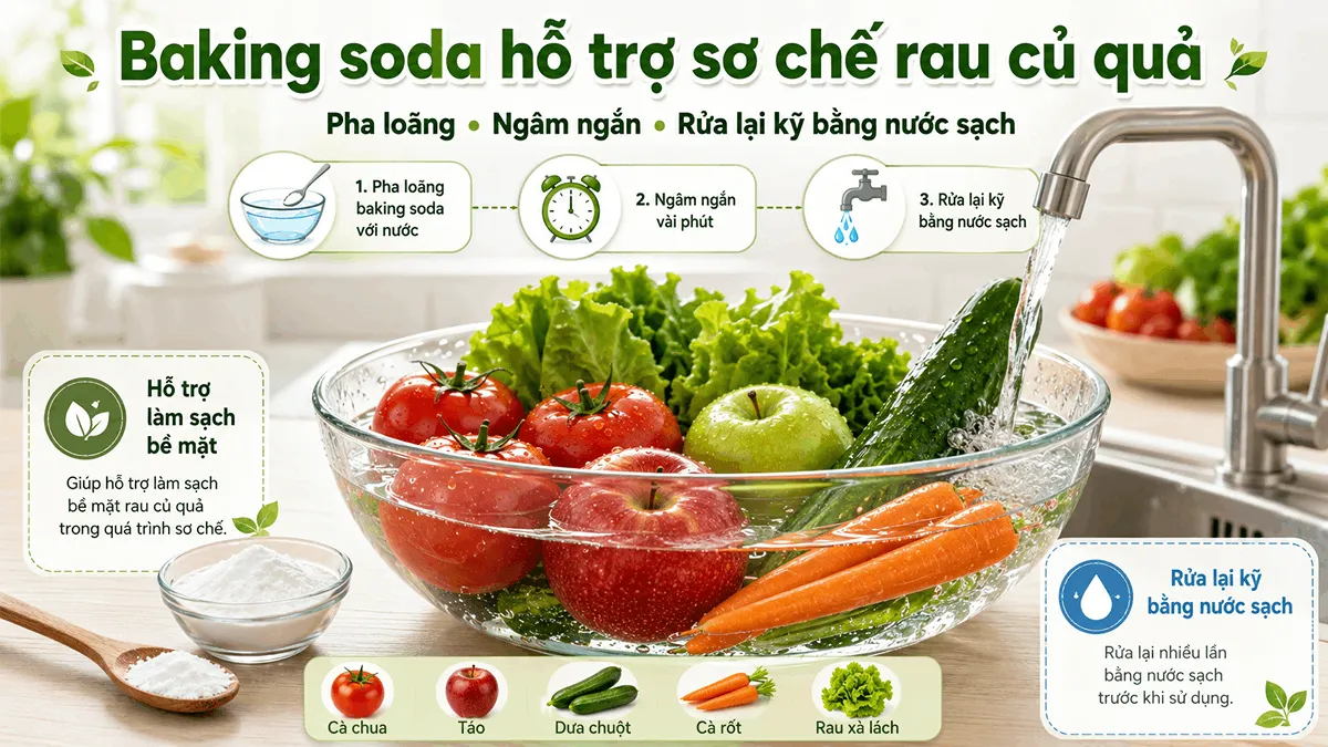 Baking soda hỗ trợ sơ chế rau củ quả bằng cách pha loãng, ngâm ngắn và rửa lại kỹ bằng nước sạch