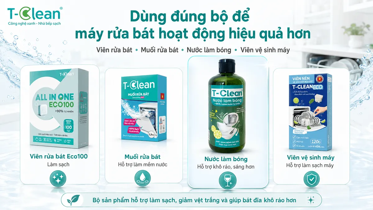 Bộ sản phẩm T-Clean cho máy rửa bát gồm viên rửa bát, muối rửa bát, nước làm bóng và viên vệ sinh máy