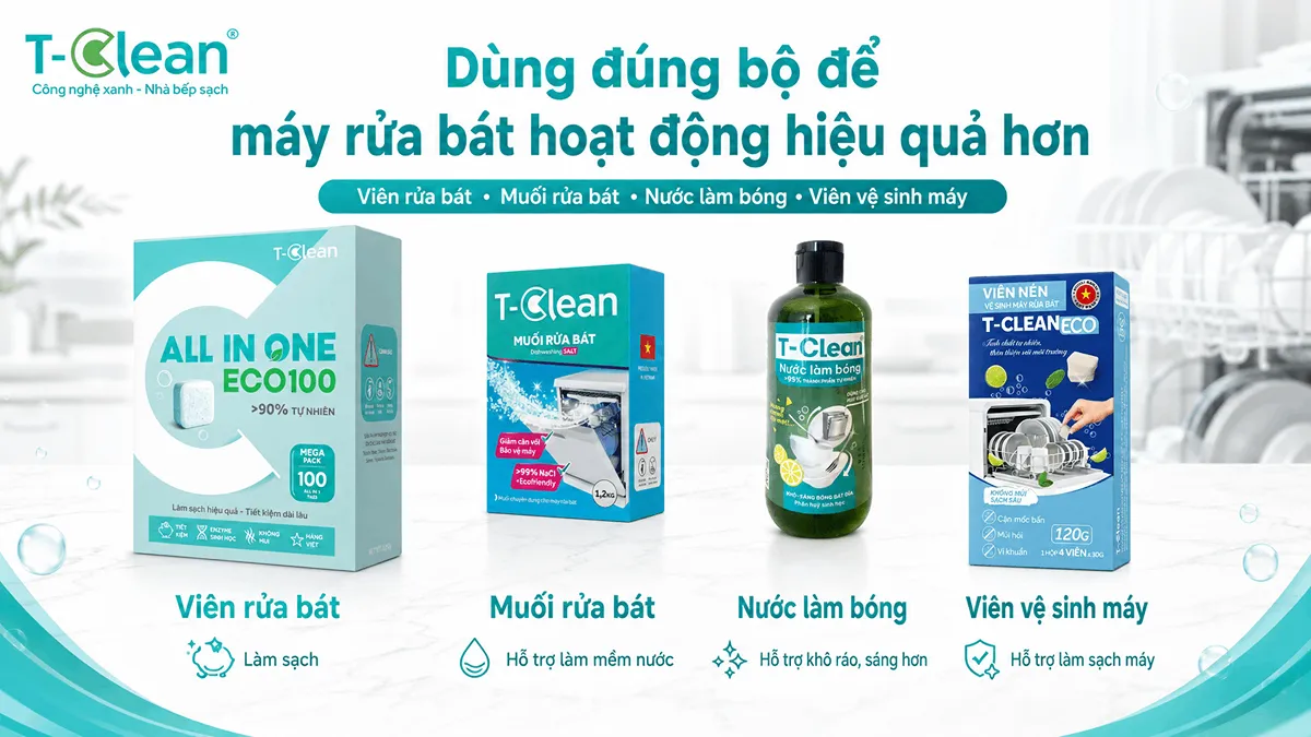 Bộ sản phẩm T-Clean cho máy rửa bát gồm viên rửa bát, muối rửa bát, nước làm bóng và viên vệ sinh máy