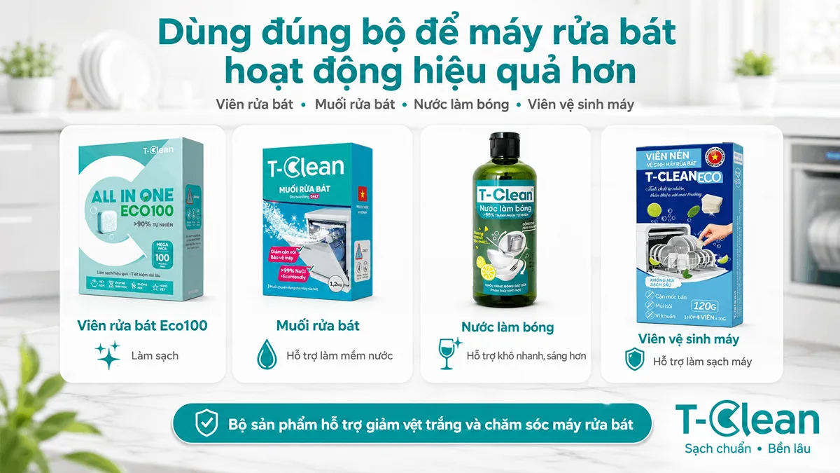Bộ sản phẩm T-Clean cho máy rửa bát gồm viên rửa bát, muối rửa bát, nước làm bóng và viên vệ sinh máy