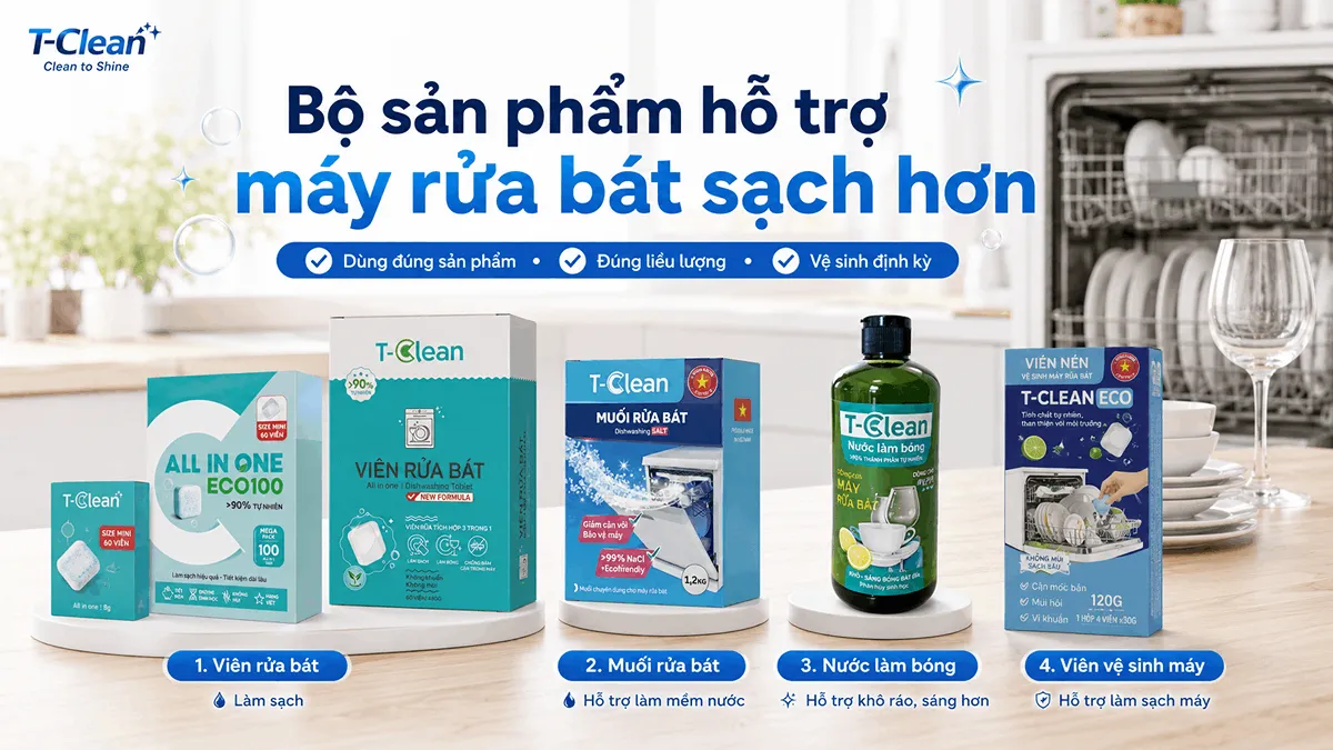 Bộ sản phẩm T-Clean gồm viên rửa bát, muối rửa bát, nước làm bóng và viên vệ sinh máy hỗ trợ máy rửa bát sạch hơn