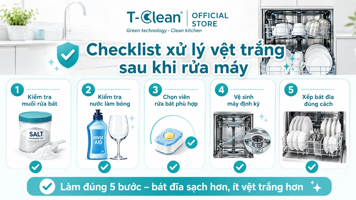 Checklist xử lý vệt trắng sau khi rửa máy rửa bát tại nhà