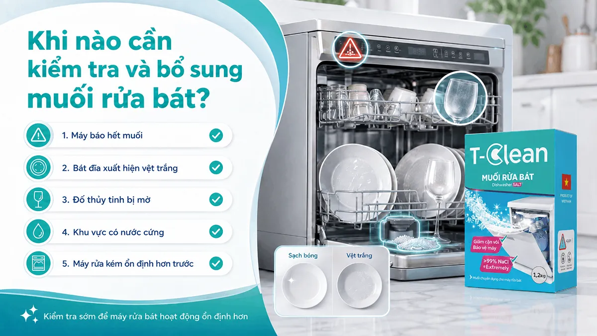 Các dấu hiệu cần kiểm tra và bổ sung muối rửa bát