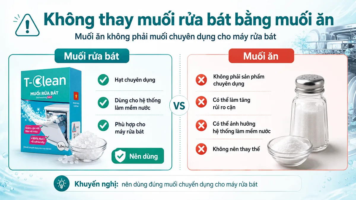 Không nên dùng muối ăn thay muối rửa bát chuyên dụng