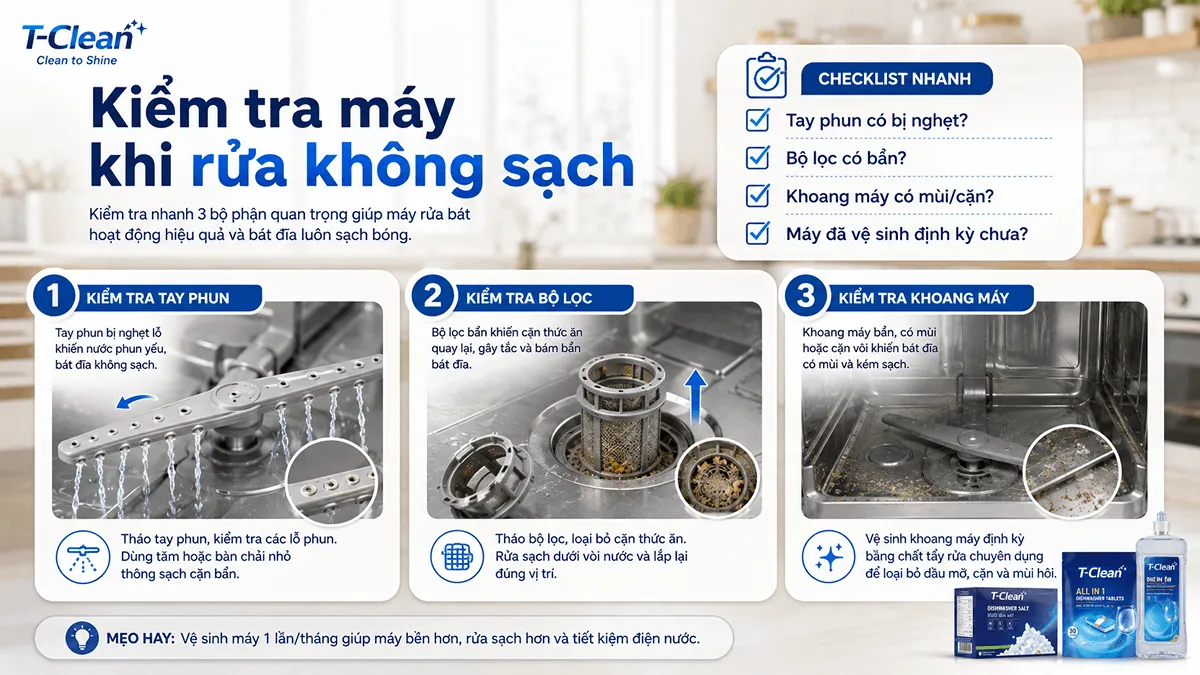 Kiểm tra tay phun bộ lọc và khoang máy khi máy rửa bát rửa không sạch