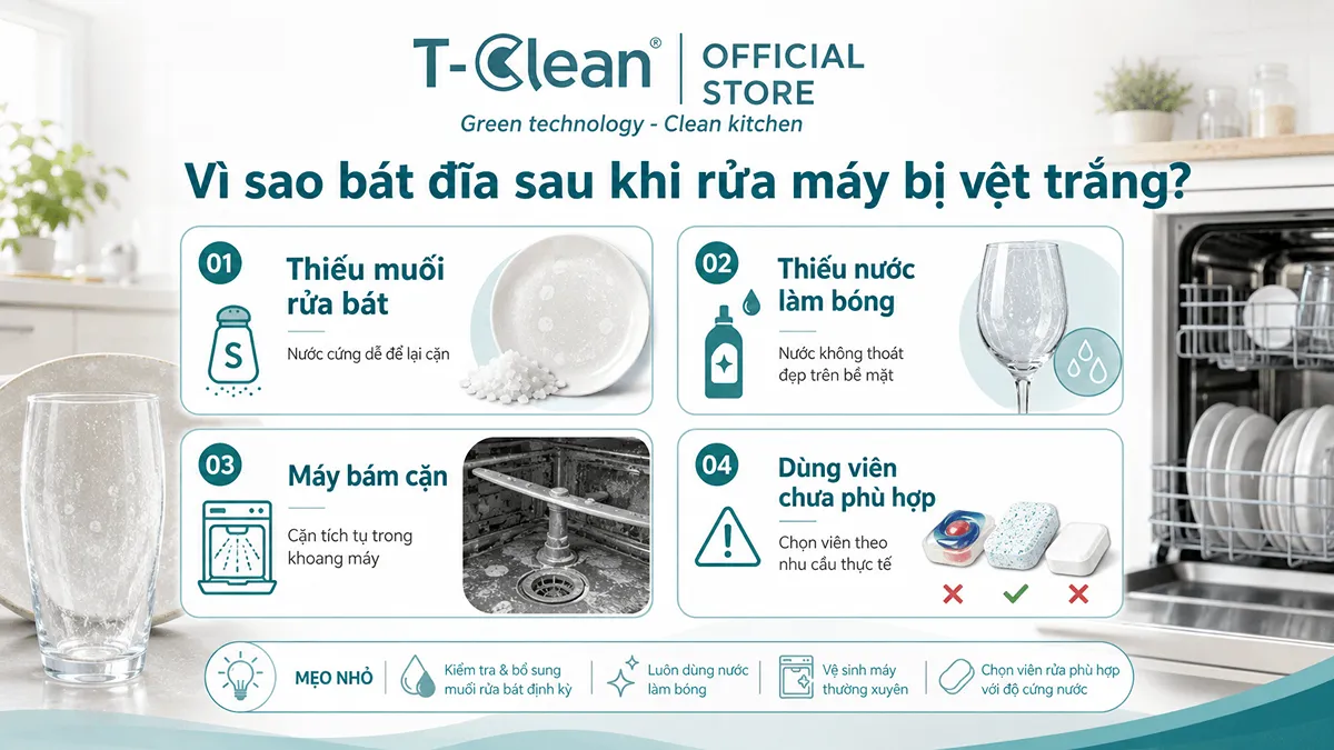 Nguyên nhân máy rửa bát rửa xong còn vệt trắng trên bát đĩa và ly cốc