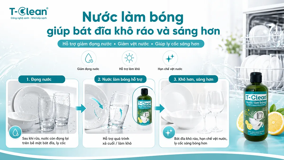 Nước làm bóng giúp bát đĩa khô ráo, giảm đọng nước và giúp ly cốc sáng hơn